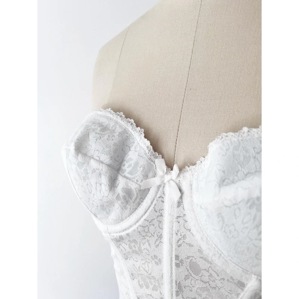 SIZE XS / S 36A Vintage Longline Corset Bustier White Lace Strapless‎ 1970s